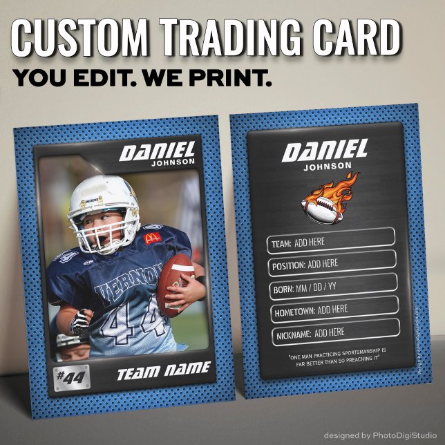 Anpassningsbar fotbollskort, spelprofilkort (Custom Football Trading Card, Blue Graphite Player Card)