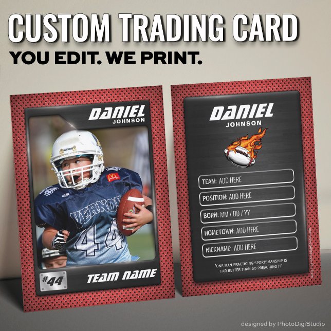 Anpassningsbar fotbollskort, spelprofilkort (Custom Football Trading Card, Red Graphite Player Calling Card)