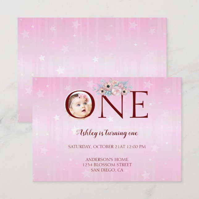 Anpassningsbar Foto 1:a födelsedag Inbjudningar (Fram/baksida)