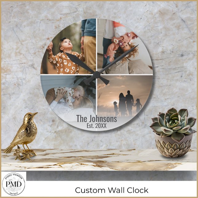 Anpassningsbar Foto Collage Family Namn-datum Rund Klocka (Custom Photo Collage Family Name Date Round Wall Clock with 4 photos, date established.
)