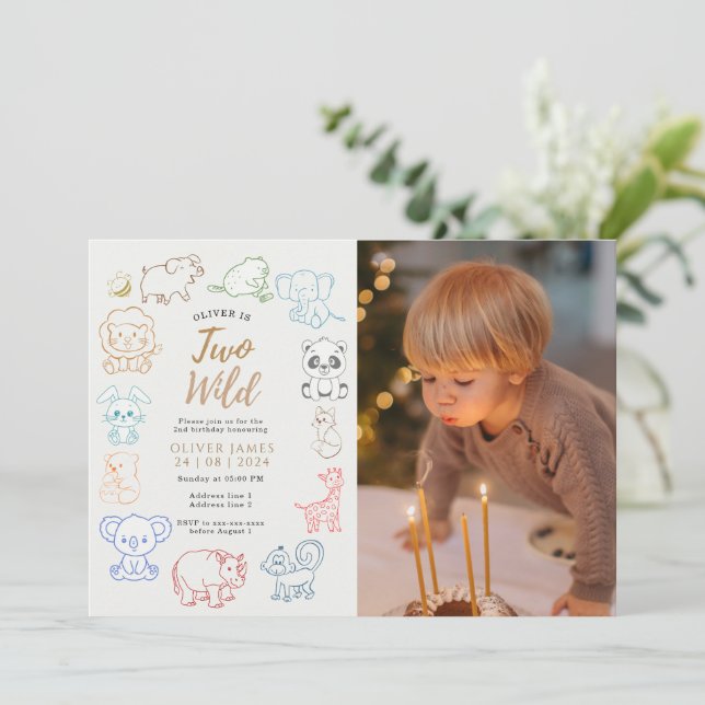 Anpassningsbar foto Doodle Party Animals 2:a födel Inbjudningar (Stående Fram)