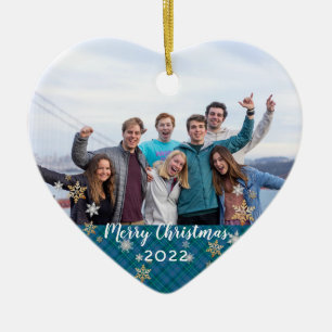 Anpassningsbar Foto, dubbelsidigt God jul, blått p Julgransprydnad Keramik