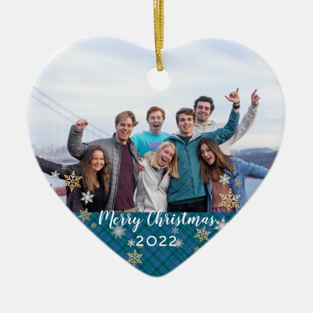 Anpassningsbar Foto, dubbelsidigt God jul, blått p Julgransprydnad Keramik (Framsidan)