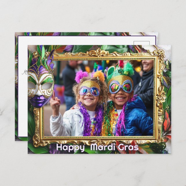 Anpassningsbar foto 💚 💜 Mardi Gras Magic Vykort (Fram/baksida)