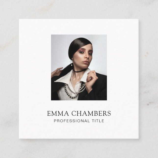 Anpassningsbar Foto Modern Minimalist White Square Fyrkantigt Visitkort (Framsida)
