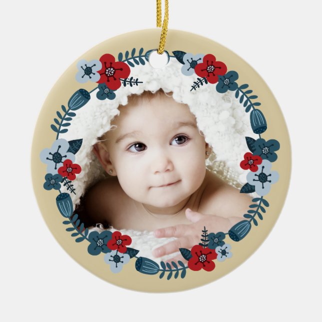 Anpassningsbar Foto Namn Datum: Skandinaviskt Blom Julgransprydnad Keramik (Framsidan)