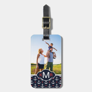 Anpassningsbar Foto och Monogram Hearts & Anchors Bagagebricka