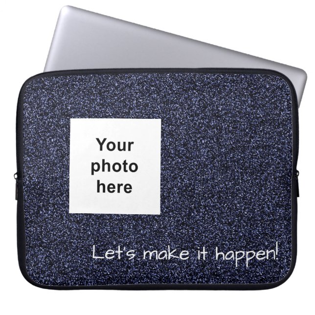 Anpassningsbar, foto och text mörk blått faux glit laptop sleeve (Framsidan)