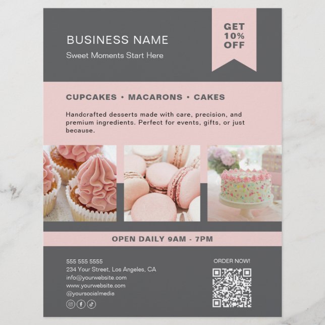 Anpassningsbar Foto QR Bakery Grått Rosa Flyer (Framsidan)