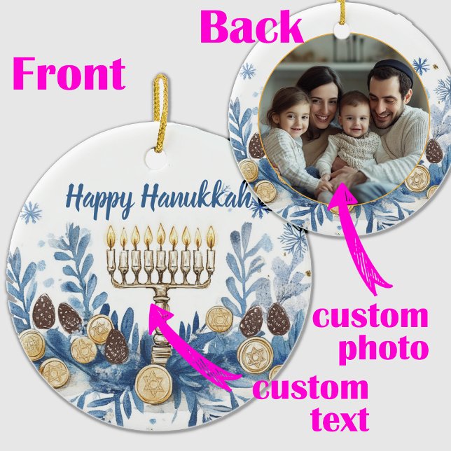 Anpassningsbar Foto & text Hanukkah Festival of Lj Julgransprydnad Keramik (Custom photo & text Hanukkah Festival of Lights Ceramic Ornament)