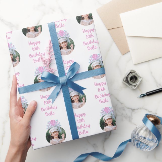 Anpassningsbar Foto Watercolor Sjöjungfru Krona Bi Presentpapper (Gifting)