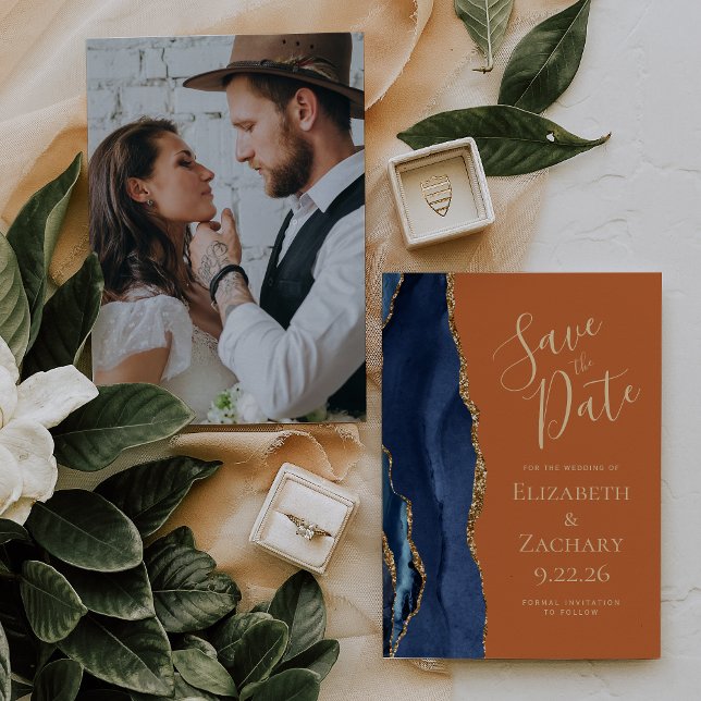 Anpassningsbar Fotoagate Blue Guld Rust Spara datu Inbjudningar (Skapare uppladdad)