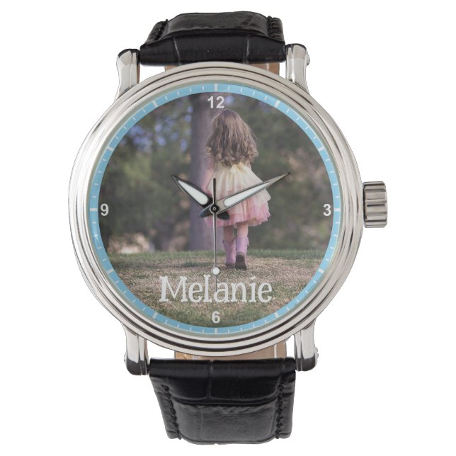 Anpassningsbar Fotobildmall Blue Gräns Ram Kids Armbandsur (Framsida)