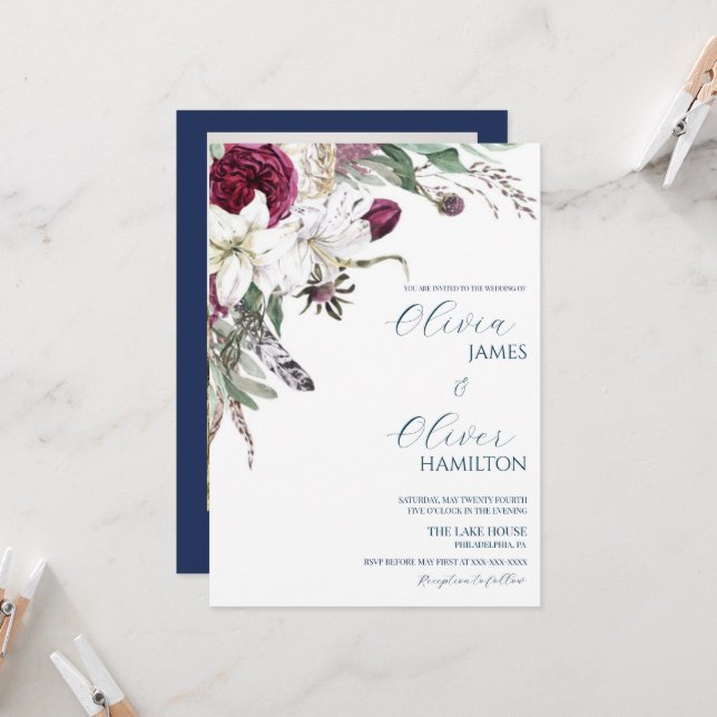 Anpassningsbar fotoburgundy navy QR-kod bröllop Inbjudningar (Fram/Back In Situ)