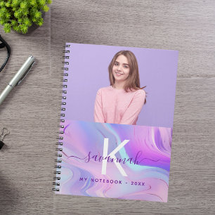 Anpassningsbar Fotoholografisk rosa lila monogram Anteckningsbok