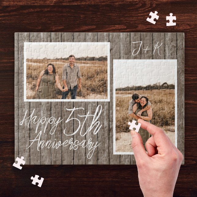 Anpassningsbar Fotokollage för träets femtonde Brö Pussel (Wood 5th Wedding Anniversary Custom Photo Collage Jigsaw Puzzle
)