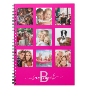 Anpassningsbar fotokollage monogram shock rosa anteckningsbok