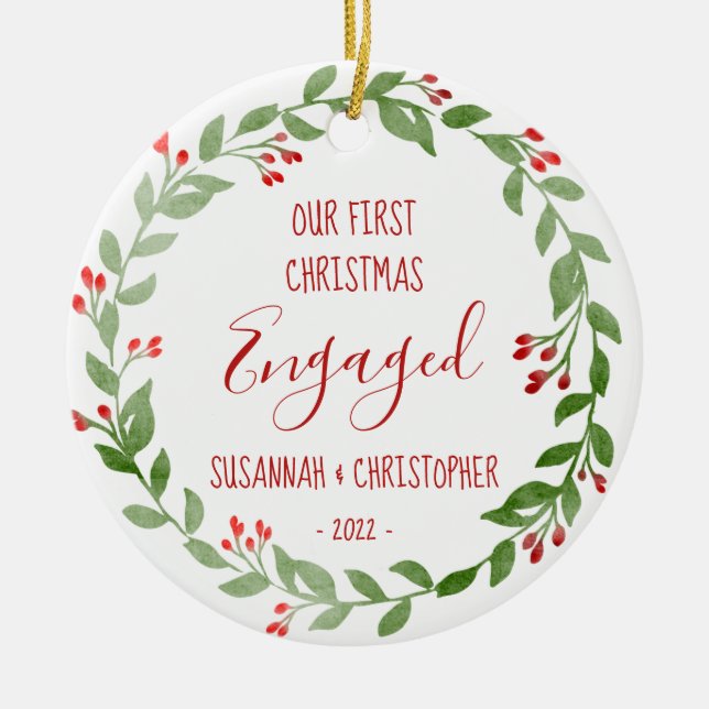 Anpassningsbar Fotokrans Röd första jul Engagerad Julgransprydnad Keramik (Framsidan)