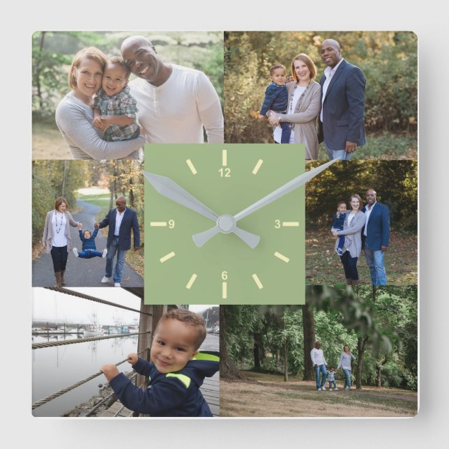 Anpassningsbar Fotomall 6 Ljust grönt fotofamilj Fyrkantig Klocka (Framsida)