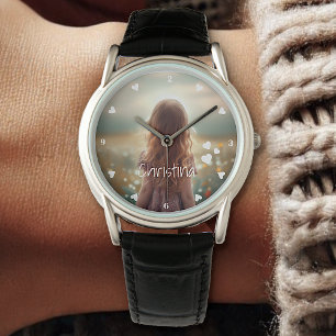 Anpassningsbar Fotomall Namn 3 Hearts Cute Simple Armbandsur