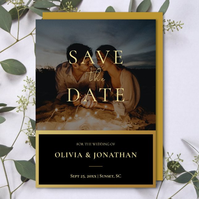anpassningsbar Fotomodern Guld Spara datum Inbjudningar (custom Photo Modern Gold Save the Date Invitation)