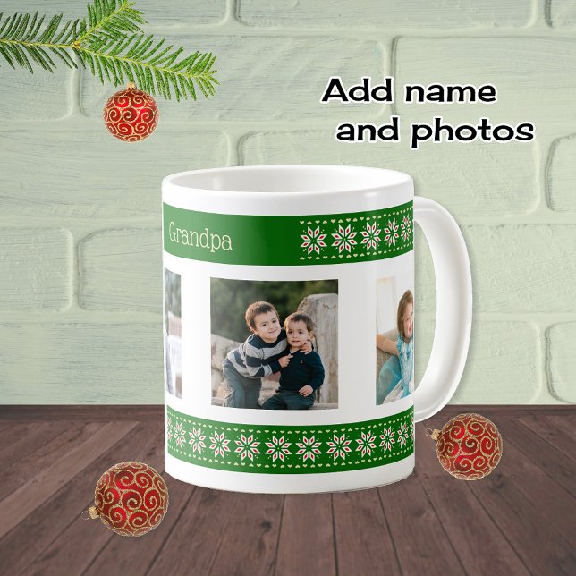 Anpassningsbar foton och namn grönt christmas möns kaffemugg (Skapare uppladdad)