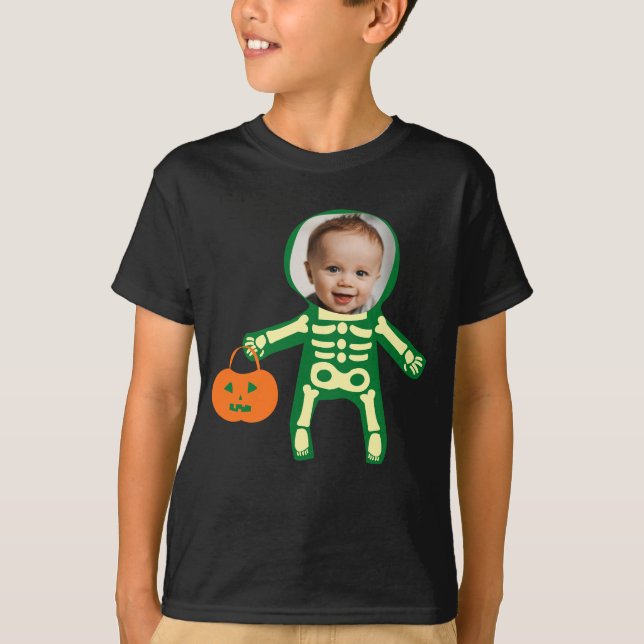 Anpassningsbar fotoskelett Halloween bus eller god T Shirt (Framsida)