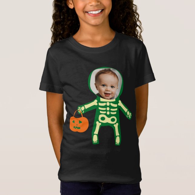 Anpassningsbar fotoskelett Halloween bus eller god T Shirt (Framsida)
