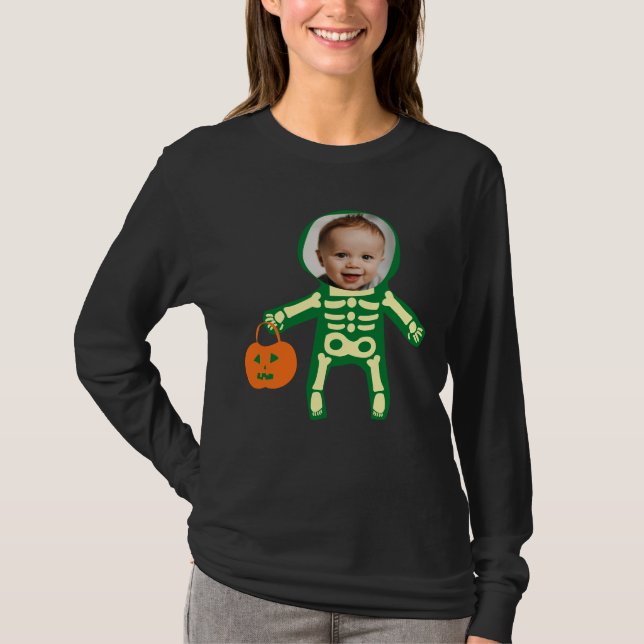Anpassningsbar fotoskelett Halloween bus eller god T Shirt (Framsida)