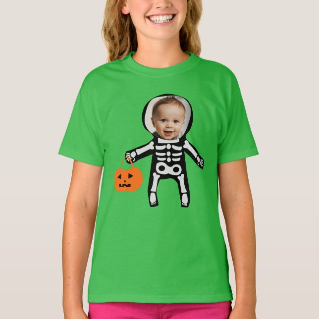 Anpassningsbar fotoskelett Halloween bus eller god T Shirt (Framsida)