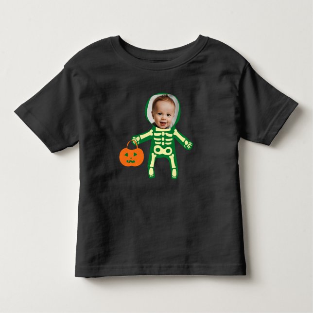 Anpassningsbar fotoskelett Halloween bus eller god T Shirt (Framsida)