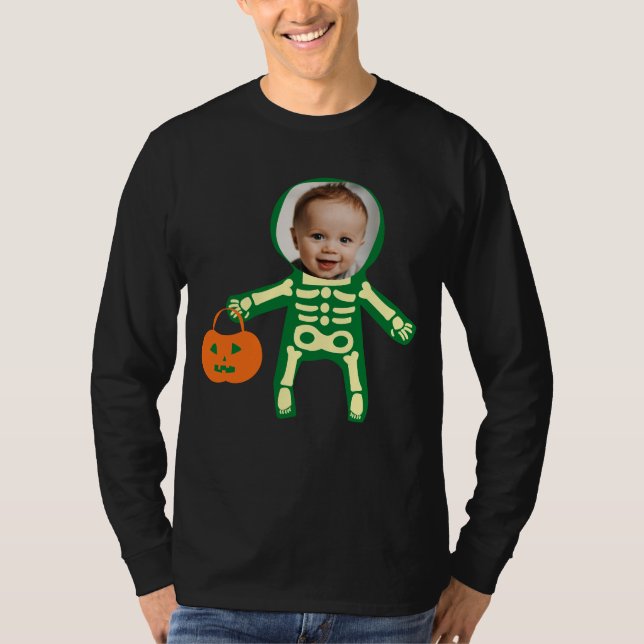 Anpassningsbar fotoskelett Halloween bus eller god T Shirt (Framsida)