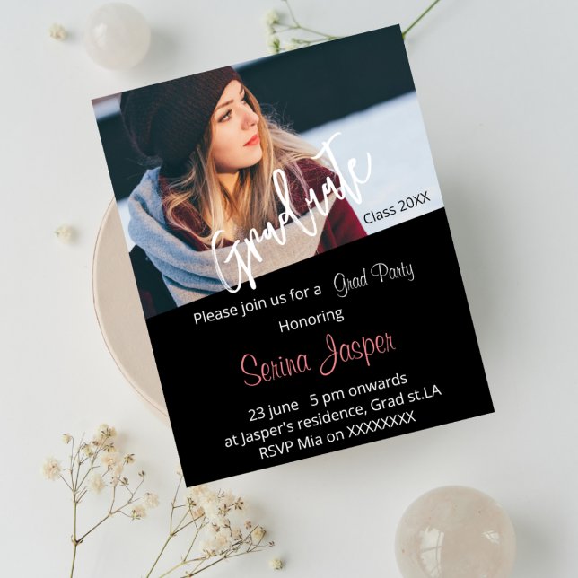 Anpassningsbar fotosvart studentfest inbjudan (Skapare uppladdad)