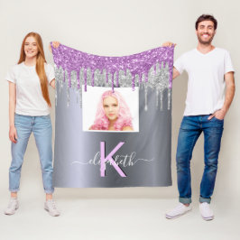 Anpassningsbar fotot silver glitter lila monogram fleecefilt