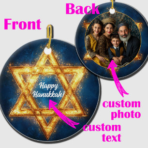 Anpassningsbar fotot & text Lycklig Hanukkah, Davi Julgransprydnad Keramik