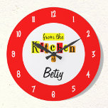 Anpassningsbar från kök av Retro Red Clock Stor Klocka<br><div class="desc">"Från köket av" är anpassningsbar etikett med skript och söt svart brev mot färg block av rött, orange och gult, på ett rött ansikte med vita siffror och rum för ditt namn i skript brev. Klicka på Anpassa om du vill ändra bakgrundsbilden färg, typsnitt, ändra inslag och mycket mer, till...</div>