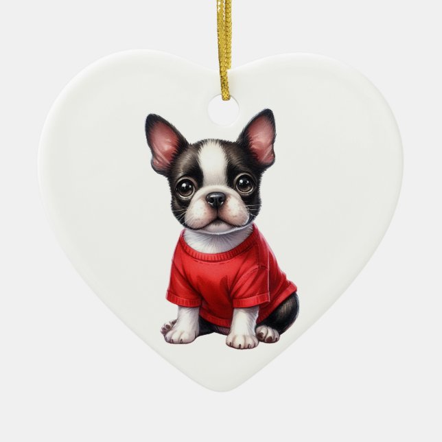 Anpassningsbar Fransk Bulldog Hund Valentine Julgransprydnad Keramik (Framsidan)