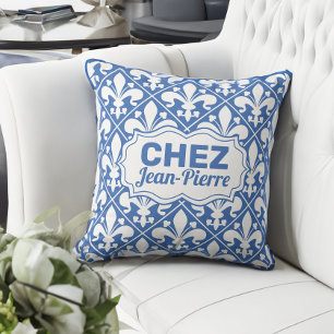Anpassningsbar Fransk Text blue och white Fleur de Kudde