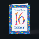 Anpassningsbar Front 16th Birthday Bright Rand, st Kort<br><div class="desc">Ett ljust och färgstarkt 16:e födelsedag som kan anpassas till ditt eget täcke hälsning,  med raka nummer och ett stjärnformat gräns,  från en digital design av Judy Adamson. Du kan också ändra det inre meddelandet om du vill.</div>
