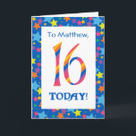 Anpassningsbar Front 16th Birthday Bright Rand, st Kort<br><div class="desc">Ett ljust och färgstarkt 16:e födelsedag som kan anpassas till ditt eget täcke hälsning,  med raka nummer och ett stjärnformat gräns,  från en digital design av Judy Adamson. Du kan också ändra det inre meddelandet om du vill.</div>