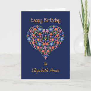 Anpassningsbar Front Folk Art Blommigt Heart Birda Kort