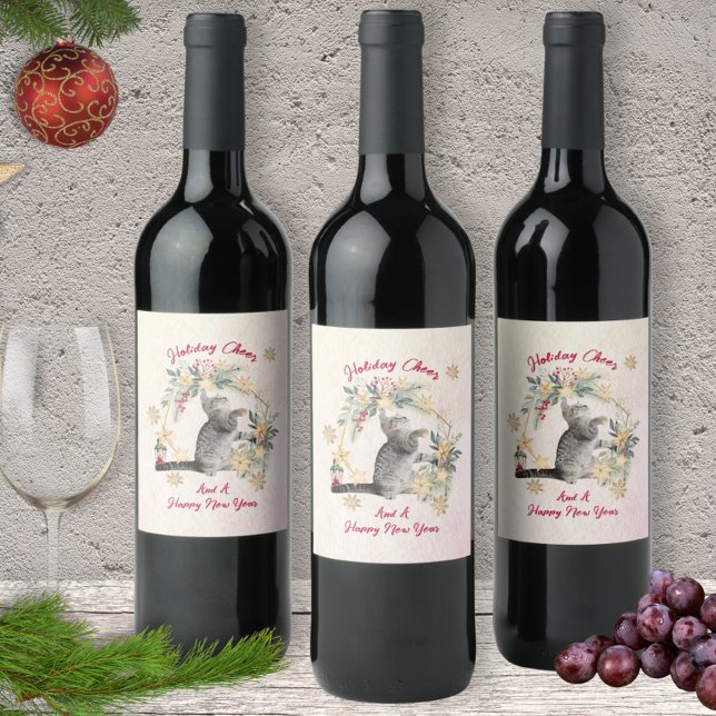 Anpassningsbar Funny Cat Botanical Holly Berries j Vinflaska Etikett (Skapare uppladdad)