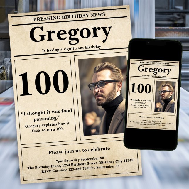 Anpassningsbar Funny Quote Retro Newspaper 100th B Inbjudningar (Skapare uppladdad)