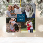 Anpassningsbar Fyra Instagram Photo Collage Blue-j Julgransprydnad Keramik<br><div class="desc">Ge presenten av familjefotografier med den här anpassningsbarna fyra Instagram-fotokollage julprydnad. Lägg enkelt till dina egna foton till den här designen och lägg till din egen text till den här malldesignen. Inkluderad är en textrad och ett datum som du kan anpassa. Underbar för mor- och farföräldrar,  syskon eller vänner.</div>