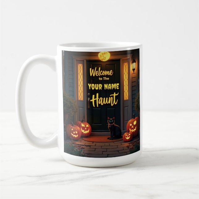 Anpassningsbar Ghost & Full Moon Haunted Porch Tea Kaffemugg (Vänster)