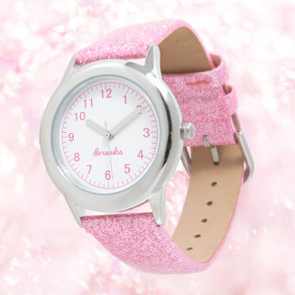 Anpassningsbar Girl Namn Rosa Glitter Strap Kid Armbandsur