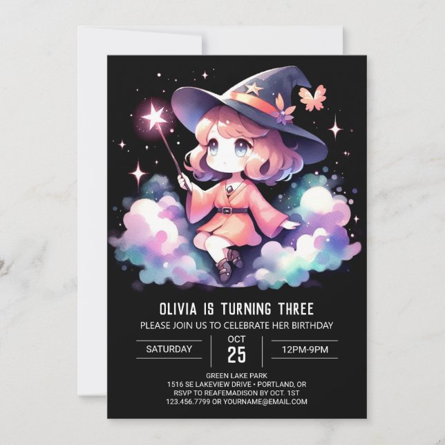 Anpassningsbar Girl Wizard Birthday Inbjudningar (Framsida)