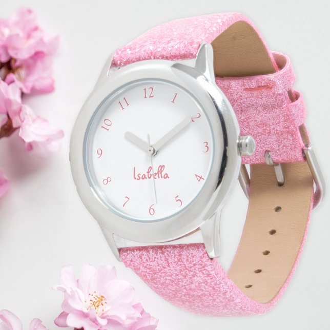 Anpassningsbar Girls Namn Rosa Glitter Strap Kids  Armbandsur (Custom Girls Name Pink Glitter Strap Kids Watch)