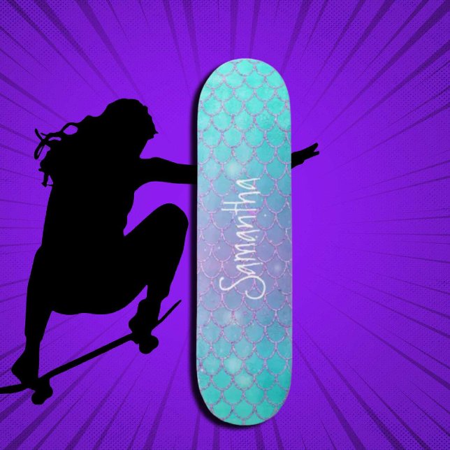 Anpassningsbar Girly Glitter Sjöjungfru Blue och R Mini Skateboard Bräda 18,5 Cm (Girl Power, Original and best online Zazzle skateboard shop- Urban Warrior)