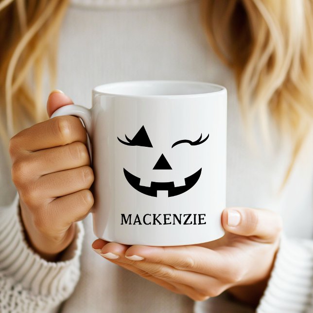 Anpassningsbar Girly Jack o lantern Pumpkin Ansikt Mugg (Custom Girly Jack O Lantern Pumpkin Face Halloween Mug)